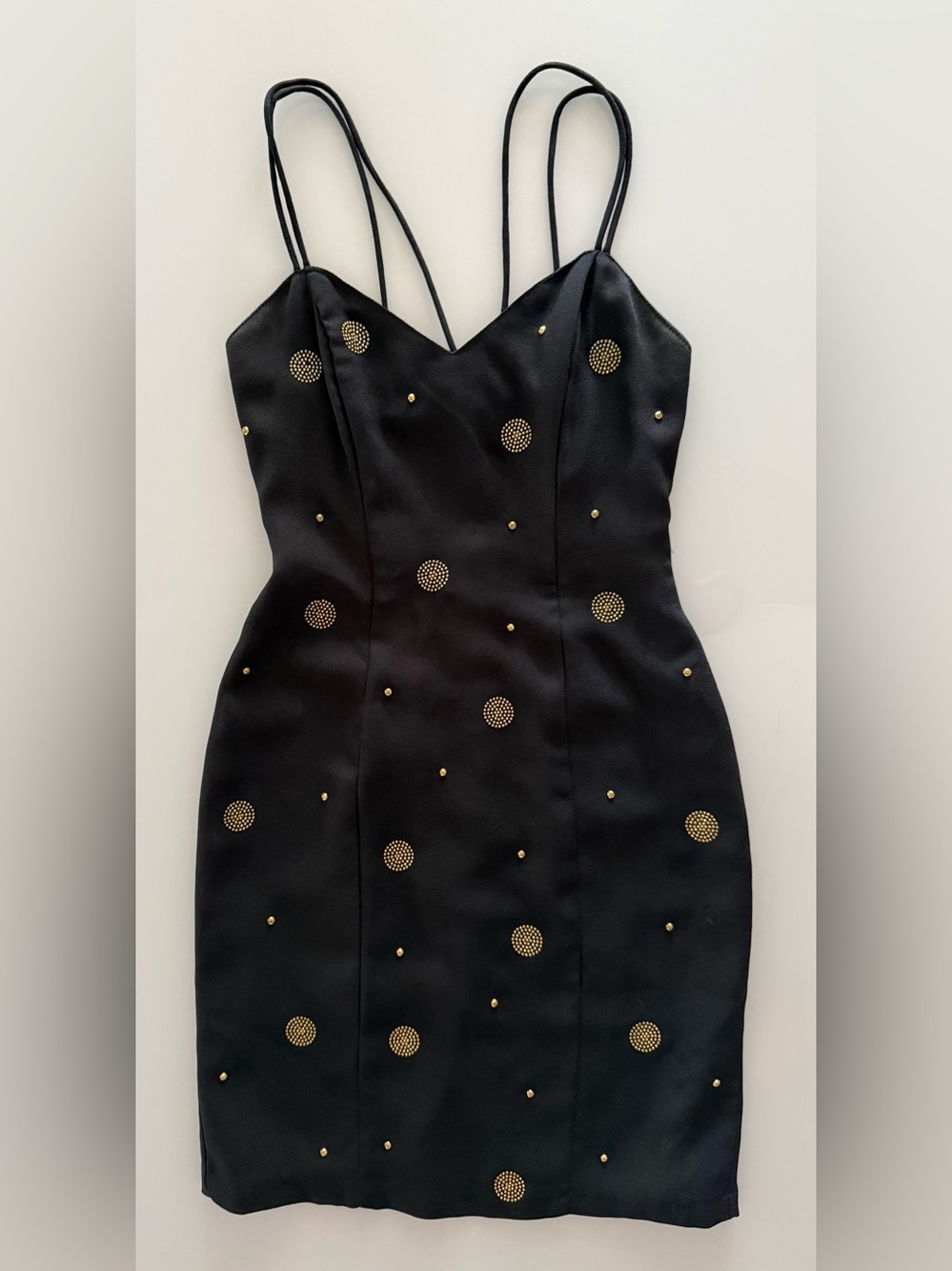 Black & Gold Embroidered Structured Mini Cocktail Dress - Size 6 - Vintage